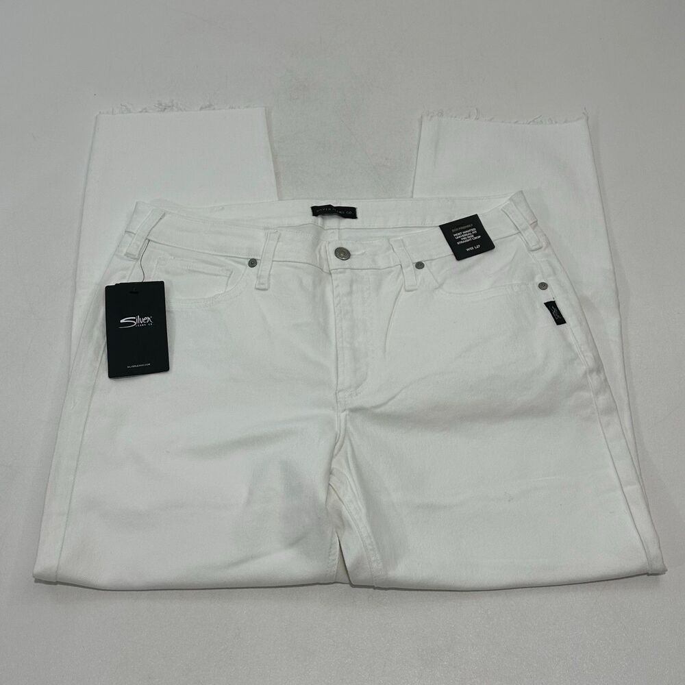 Silver Jeans Co. Women's Straight Crop Jeans Off White Distressed, Size 33/27